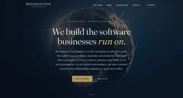 Brookstone Corporation homepage: “We build the software businesses run on” in gold and cream type over a dark globe illustration.