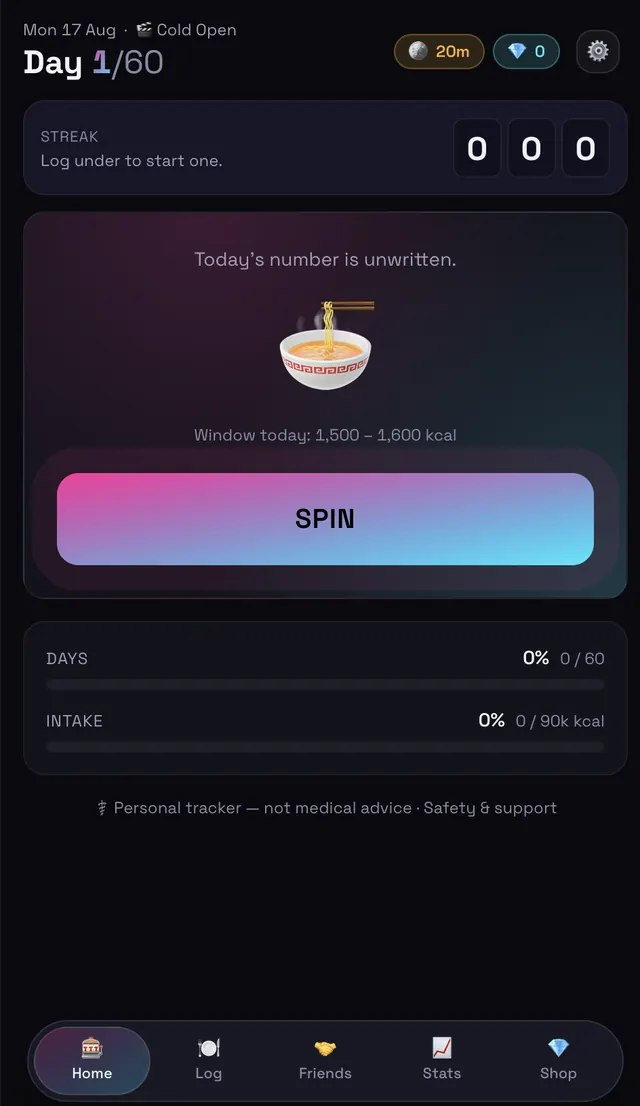 Cal Roulette app screen: a Day 1 of 60 header, a streak counter, a daily calorie window and a large SPIN button.