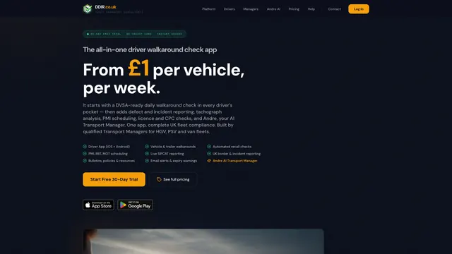 DDIR homepage: a pricing headline reading “From £1 per vehicle, per week”, a driver walkaround check feature list and app store badges.