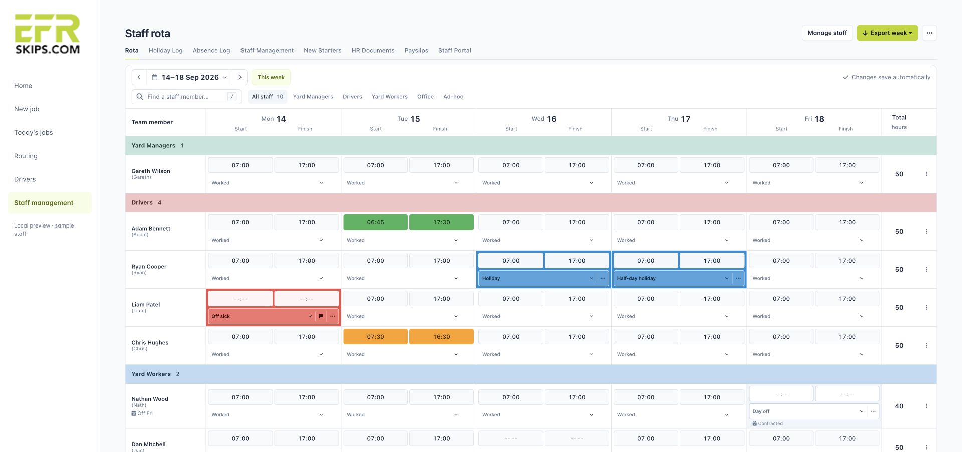 EFR Skips CRM staff rota with a weekly schedule, team filters and colour-coded shifts using sample staff.