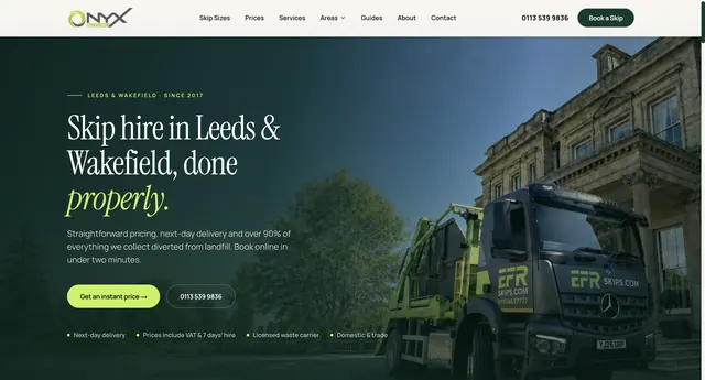 Onyx Recycling homepage: “Skip hire in Leeds & Wakefield, done properly” over a photograph of an EFR skip lorry outside a stone building.
