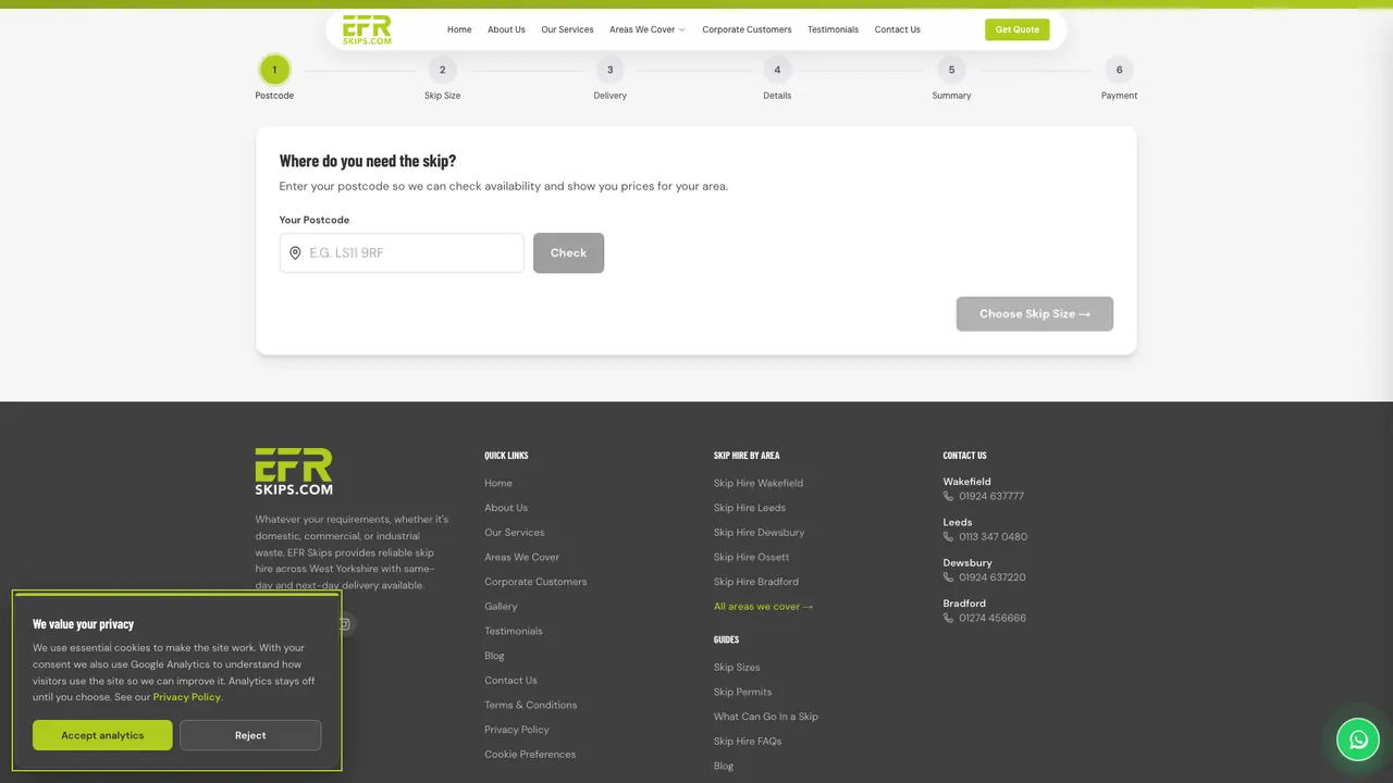 EFR Skips online booking page with a six-step progress bar running from Postcode to Payment, and a postcode entry field.