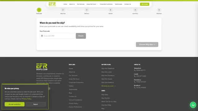 EFR Skips online booking page with a six-step progress bar running from Postcode to Payment, and a postcode entry field.