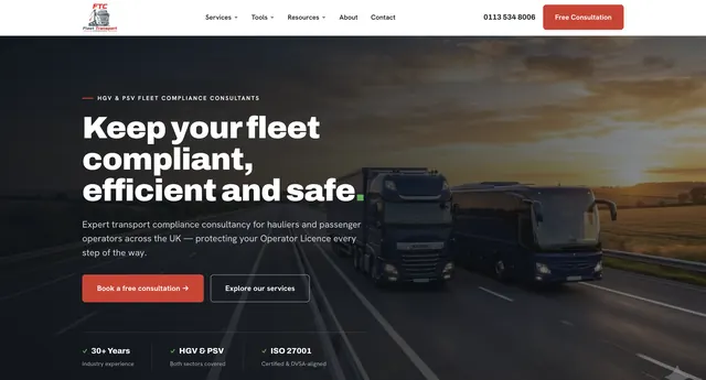 Fleet Transport Consultants homepage: “Keep your fleet compliant, efficient and safe” over a photograph of a lorry and a coach at sunset.