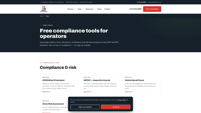 Fleet Transport Consultants tools page: a dark hero reading “Free compliance tools for operators” above cards for individual tools.