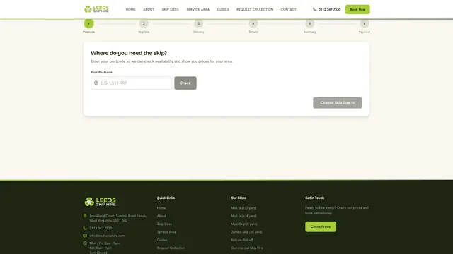 Leeds Skip Hire online booking page showing a six-step wizard: postcode, skip size, delivery, details, summary, payment.