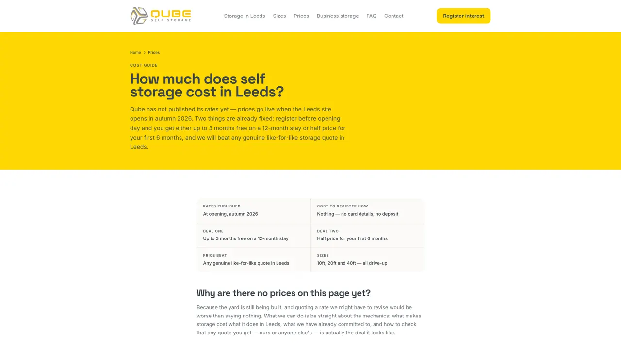 Qube Self Storage prices page: “How much does self storage cost in Leeds?” on a yellow hero, above a table of what is already fixed.