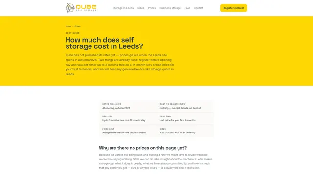 Qube Self Storage prices page: “How much does self storage cost in Leeds?” on a yellow hero, above a table of what is already fixed.