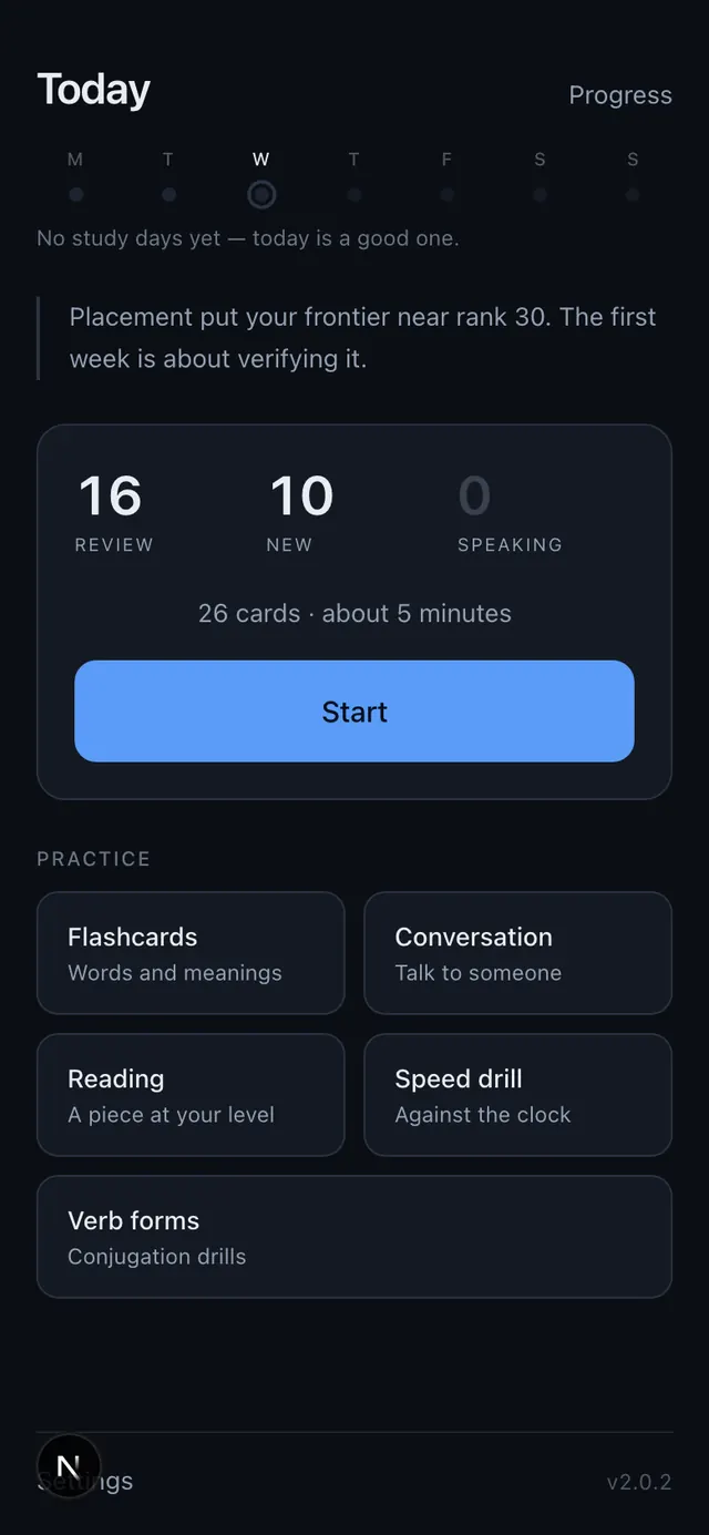 Spanish app home screen showing today's session summary, 16 review, 10 new, 0 speaking, a Start button, and practice cards for Flashcards, Conversation, Reading, Speed drill and Verb forms.