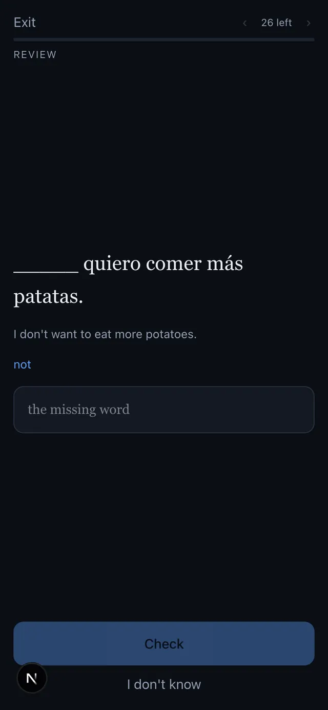 Spanish app review card showing a gapped Spanish sentence, its English translation, and a text field for typing the missing word.