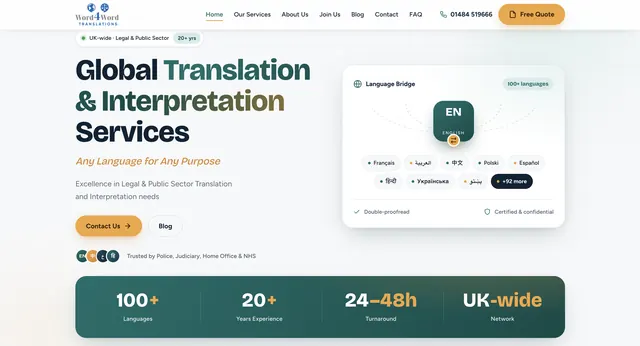 Word4Word Translations homepage: “Global Translation & Interpretation Services” beside a language-switcher panel listing languages.